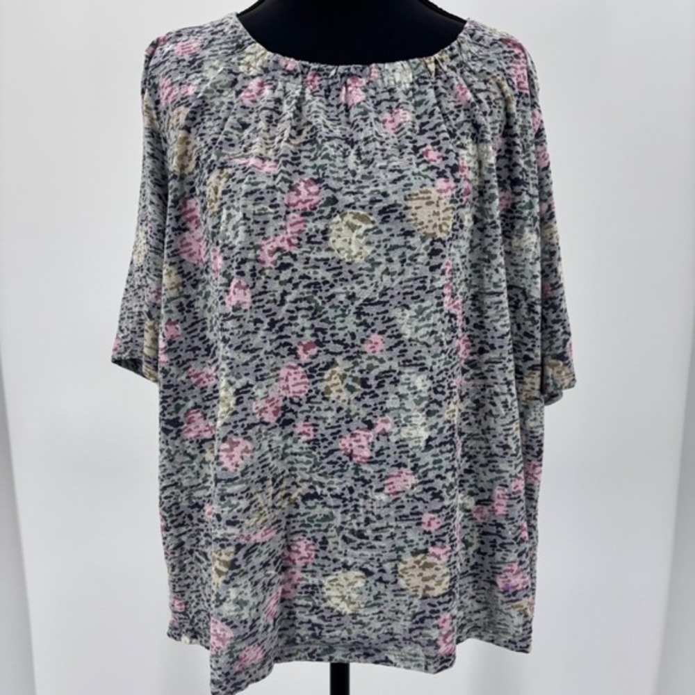 Vintage Christopher & Banks boho Floral animal print tunic Top gray Keyhole L